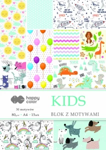 Blok z motywami KIDS, 80 g/m2, A4, 15 ark, 30 motyw, Happy Color