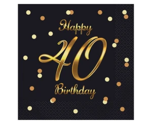 Serwetki B&C Happy 40 Birthday, czarne, nadruk złoty, 33x33 cm, 20 szt.
