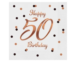 Serwetki B&C Happy 50 Birthday, białe, nadruk różowo-złoty, 33x33 cm, 20 szt.