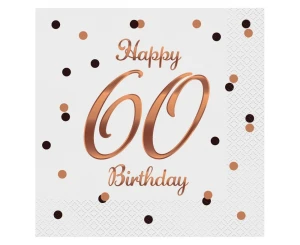Serwetki B&C Happy 60 Birthday, białe, nadruk różowo-złoty, 33x33 cm, 20 szt.